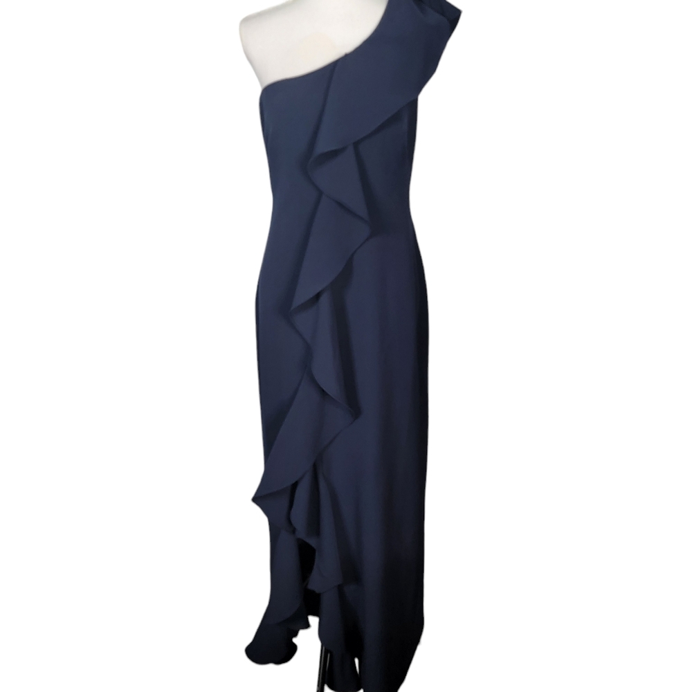 Eliza J Women's Dress Size 10 One Shoulder Ruffle Navy Maxi Gown Side - Picture 15 of 15
